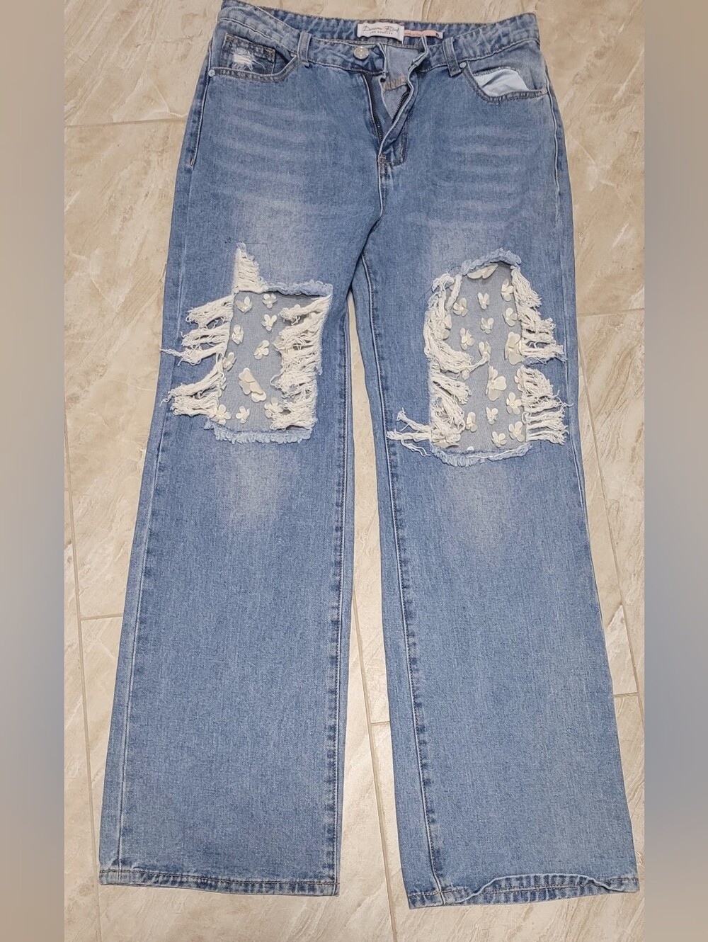 5 For $25 Wide Leg Light Blue Distressed Jeans with Embroidered Patch Details